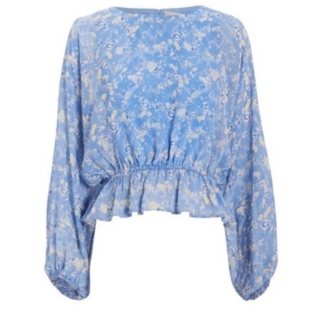 Loveshackfancy Blue Floral Long-Sleeve Peplum Blouse